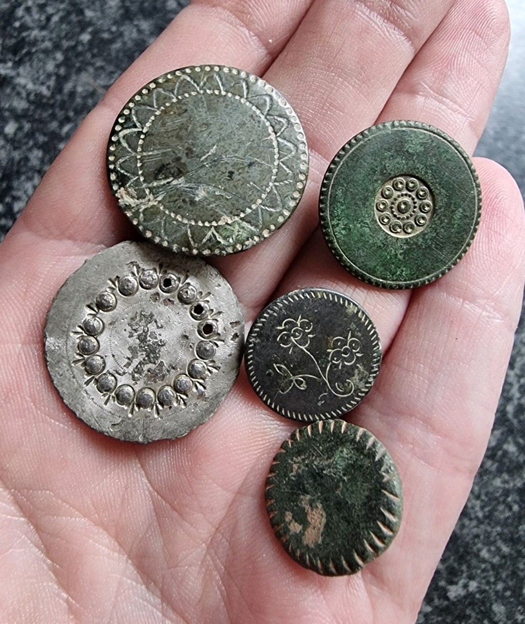 Antique Georgian Buttons Decorated 18th Century 1700s Metal Detecting Finds Antique Georgian Buttons Decorated 18th Century 1700s Metal Detecting Finds