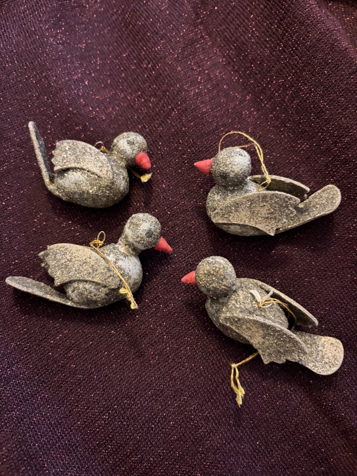 VTG  Putz Dark Mica Glitter Birds/Doves  w/Wings Xmas Ornaments Set Of 4