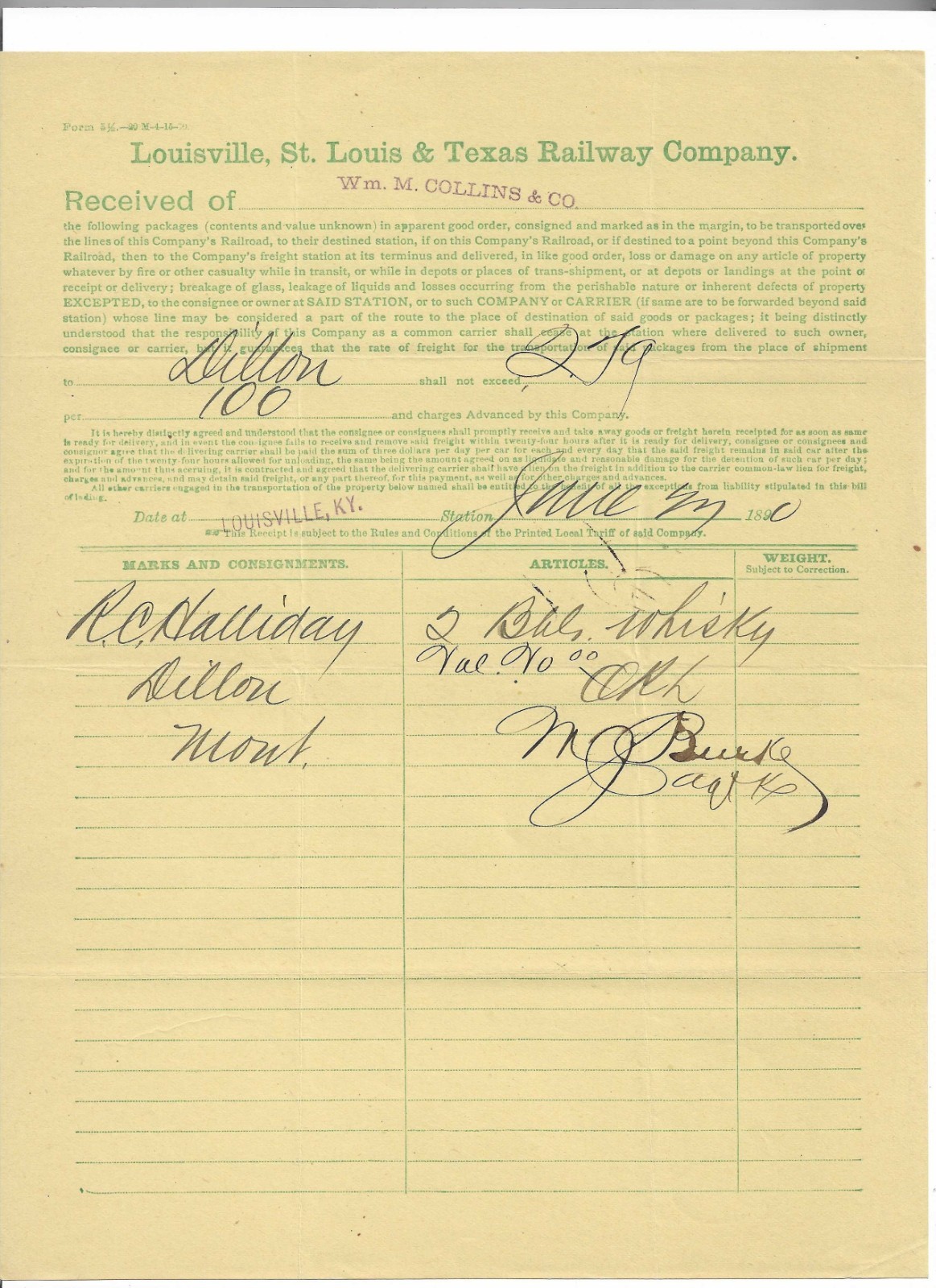 1890 KY Whiskey Shipment Via RR ~ William M. Collins & Co., Louisville KY 1890 KY Whiskey Shipment Via RR ~ William M. Collins & Co., Louisville KY
