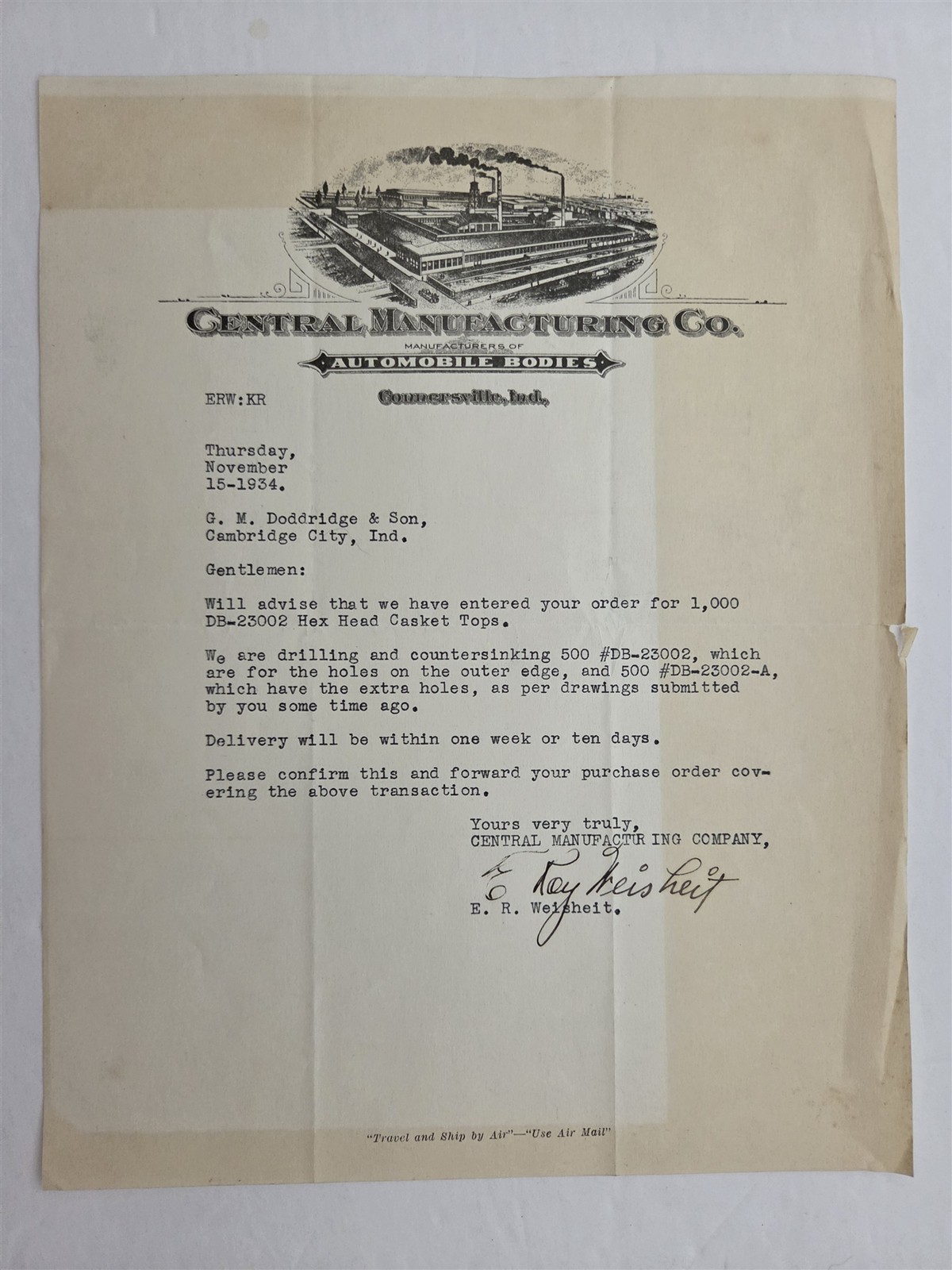 1934 antique CENTRAL MANUFACTURING CO connersville in AUTOMOBILE BODIES LETTER