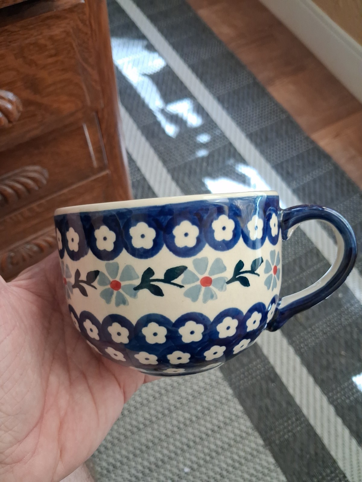 Vintage  POLISH POTTERY BLUE FLORALS  LARGE COFFEE/TEA CUP