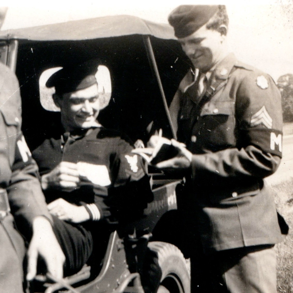 ID'd c1940s WWII US Army MP Jeep Sailor Dawkins Snapshot Photo Military Police ID'd c1940s WWII US Army MP Jeep Sailor Dawkins Snapshot Photo Military Police