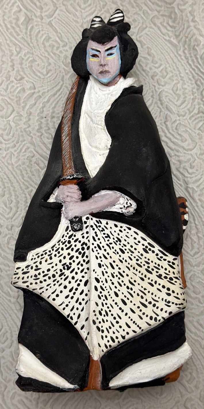 Vintage Japanese Hakata Clay Doll Hand-Painted W/Samurai Sword Visual Stunning