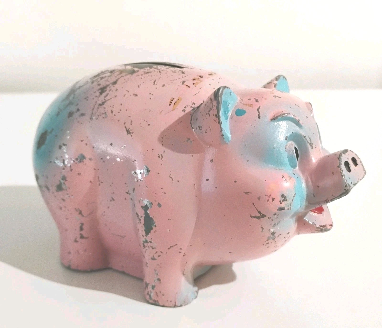 Vtg Cast Metal Piggy Bank Saving Loan Promotion Pink Blue Distressed Mid Century