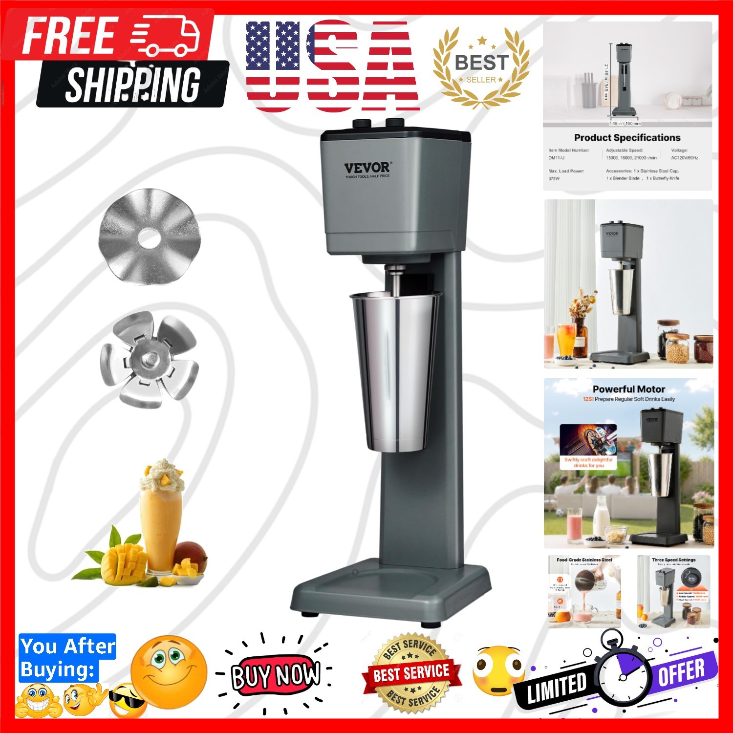 Milkshake Maker, 375W Electric Milkshake Machine, Single Head Drink Mixer Ble... Milkshake Maker, 375W Electric Milkshake Machine, Single Head Drink Mixer Ble...