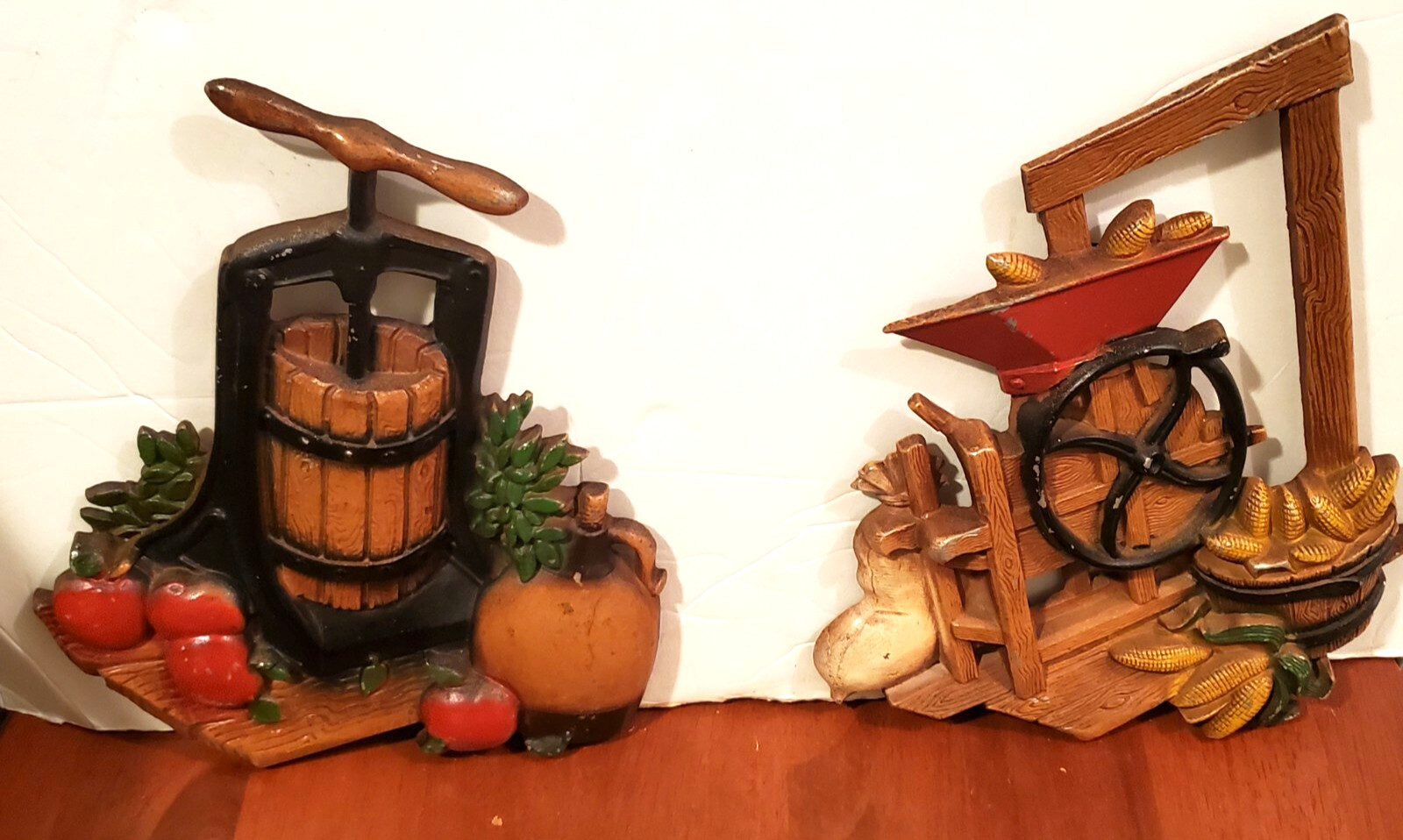 HOMCO 3D 1978 Cast Metal Wall Plaques Kitchen Decor Corn Sheller & Cider Press