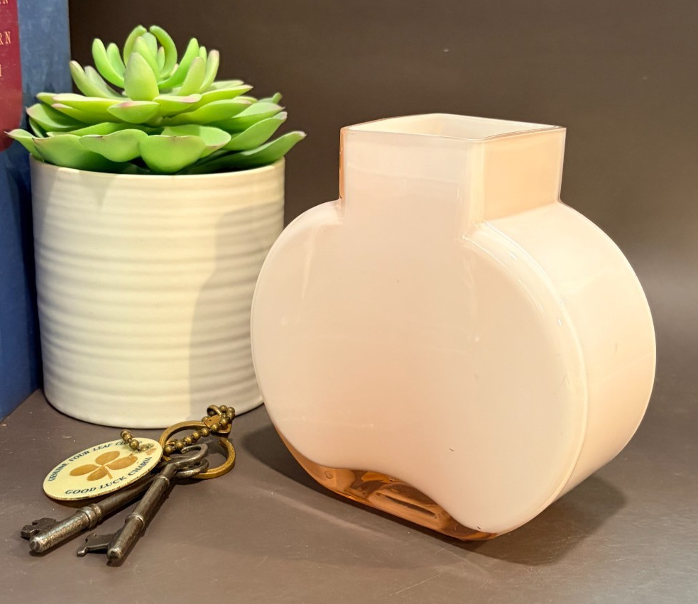 VTG Pale Pink Cased Glass Vase | Mid-Century Mod Art Glass | Square Opening 4.5\