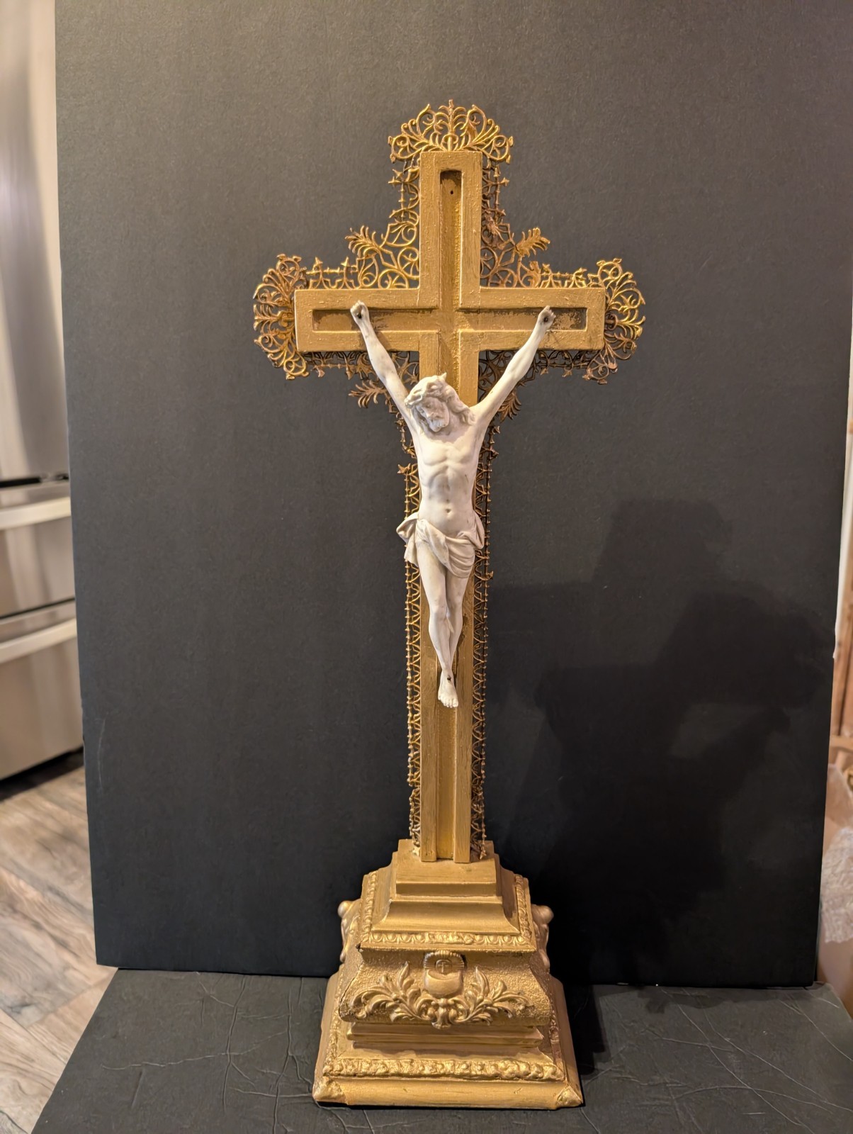 Antique French Altar Cross Crucifix, Metal,Wood, Porcelain 21\ Antique French Altar Cross Crucifix, Metal,Wood, Porcelain 21\