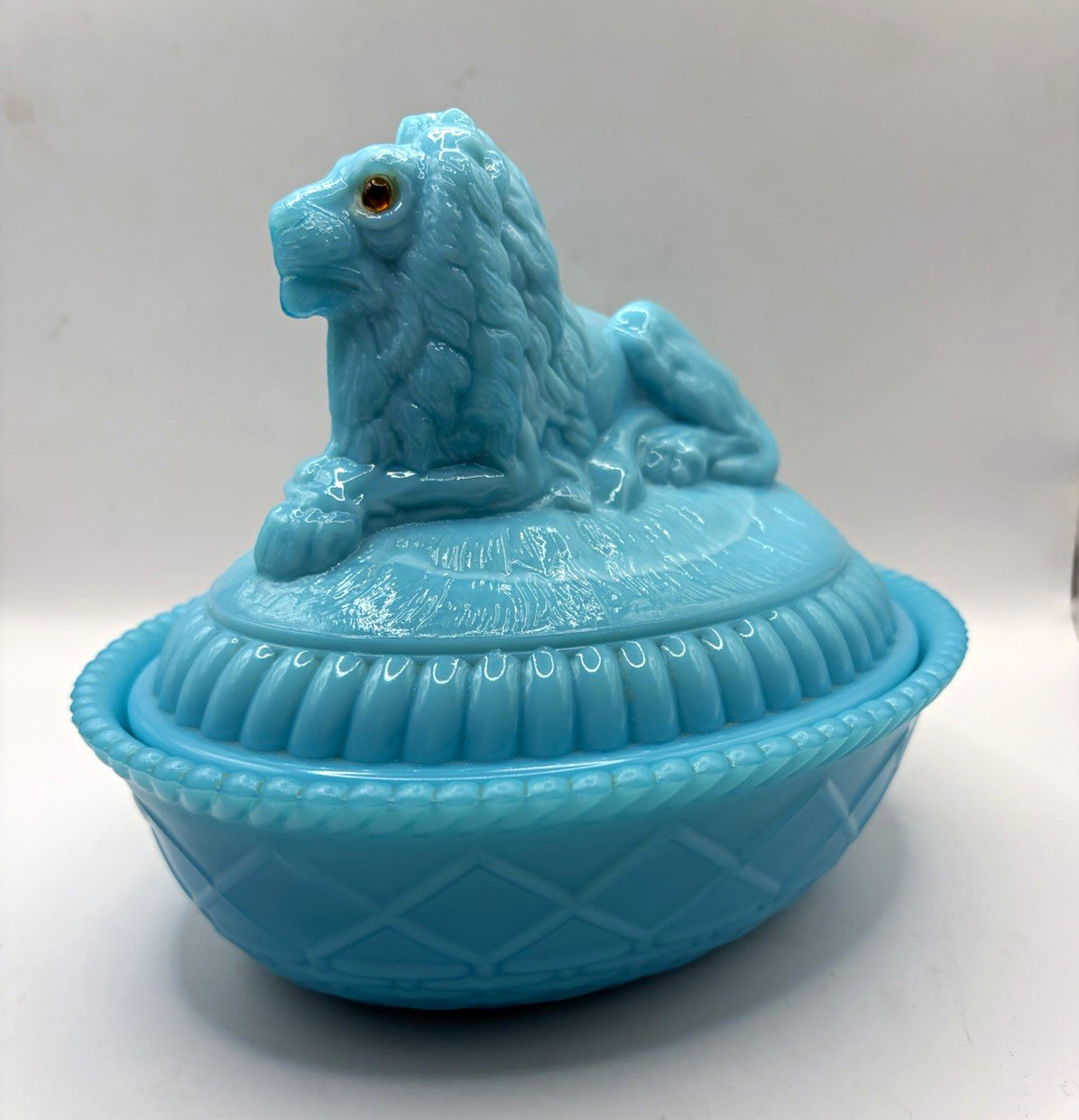 VTG Westmorland Blue Glass Lion on Nest, Glass Eyes, Both Marked, Collectible VTG Westmorland Blue Glass Lion on Nest, Glass Eyes, Both Marked, Collectible
