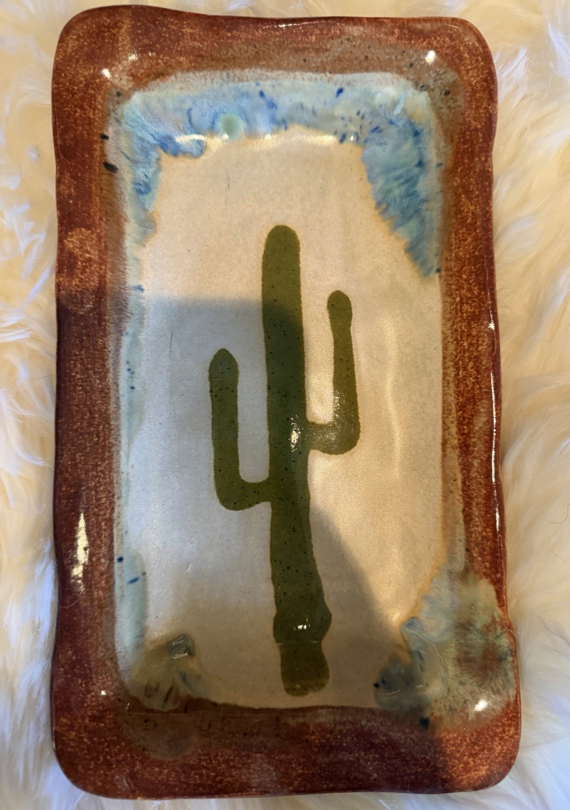 (Handmade In Arizona - Artist Roy) Ceramic Platter Tray Dish Cactus 9.5” x 5.5”