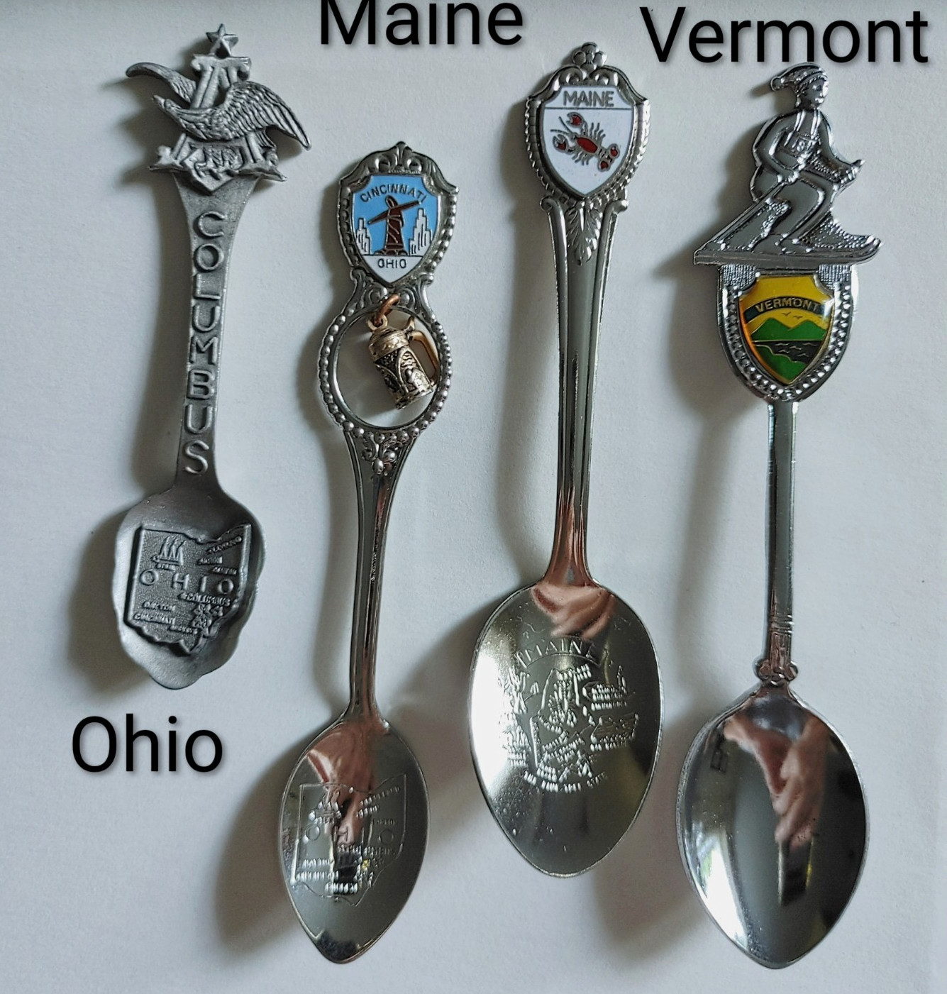 Souvenir Spoons Lot of 4 Silver Metal: Ohio Columbus & Cincinnati Maine Vermont Souvenir Spoons Lot of 4 Silver Metal: Ohio Columbus & Cincinnati Maine Vermont