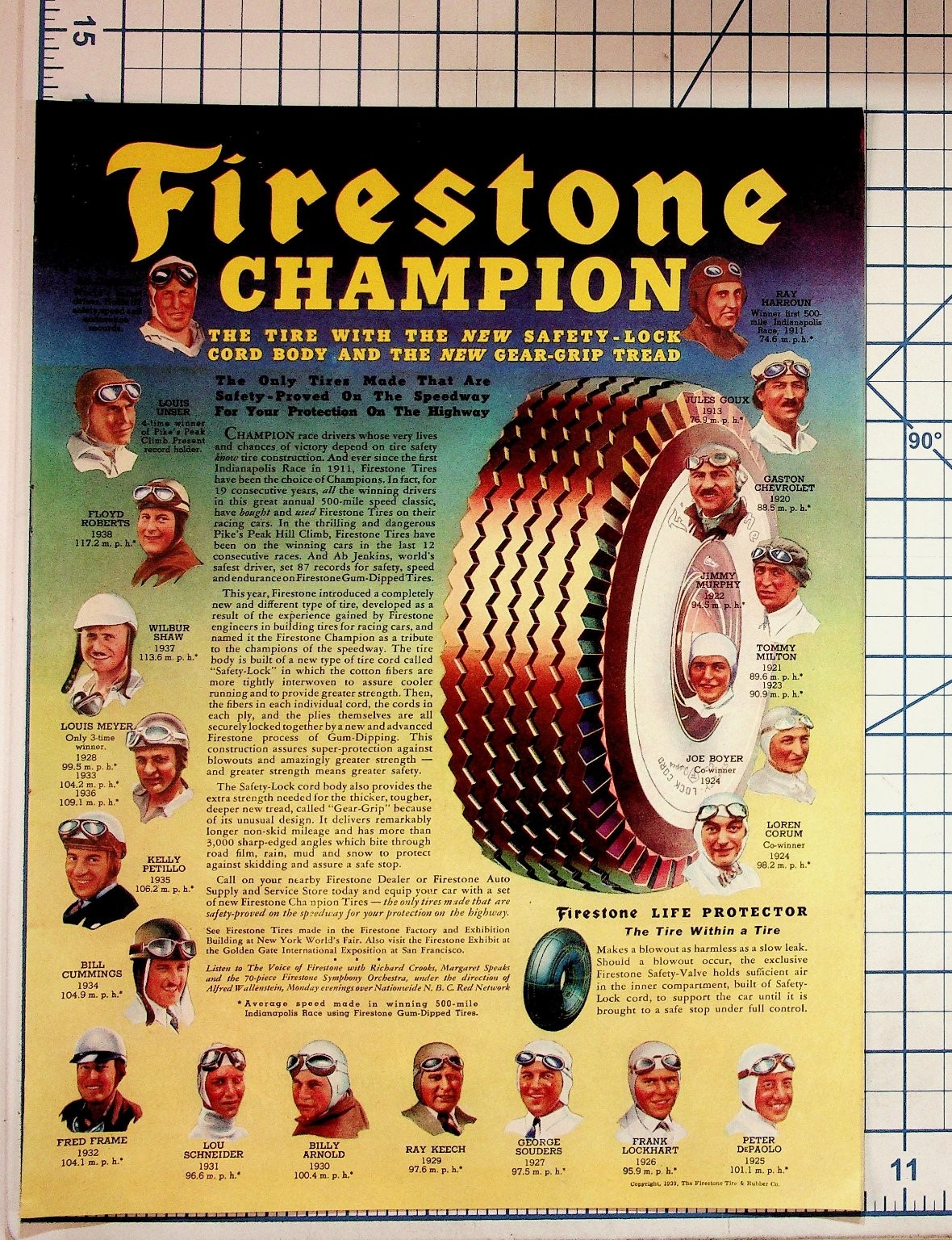 1939 Firestone Champion Tire Ad Race Car Drivers Indy 500 Ephemera 1939 Firestone Champion Tire Ad Race Car Drivers Indy 500 Ephemera