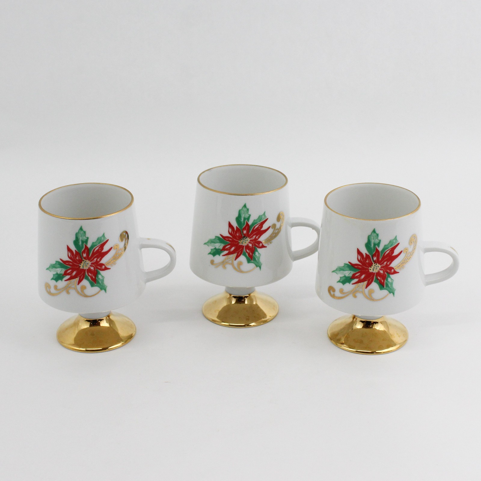 Set of 3 Viletta\'s Arts Poinsettia Porcelain Coffee Cups White Gold Trim & Foot