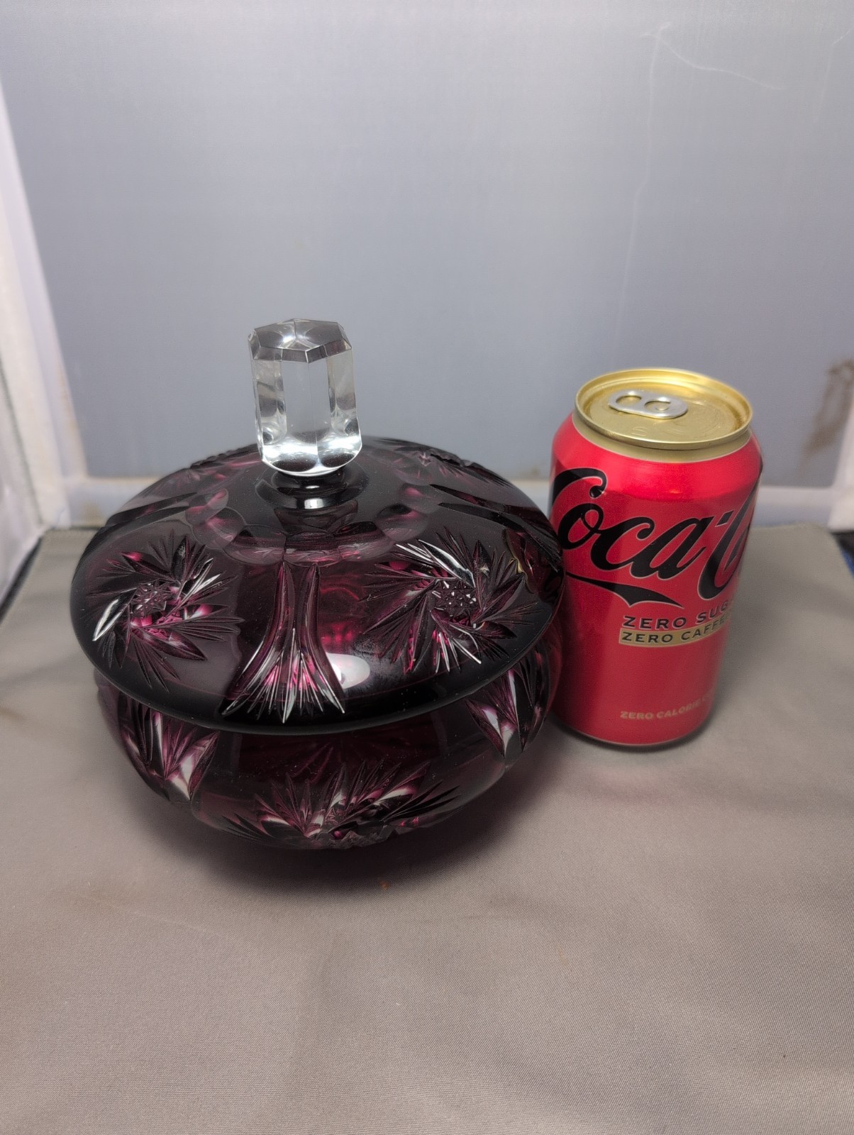 Bohemian Czech Art Burgundy Cut To Clear Lidded Candy Dish Bowl Bohemian Czech Art Burgundy Cut To Clear Lidded Candy Dish Bowl