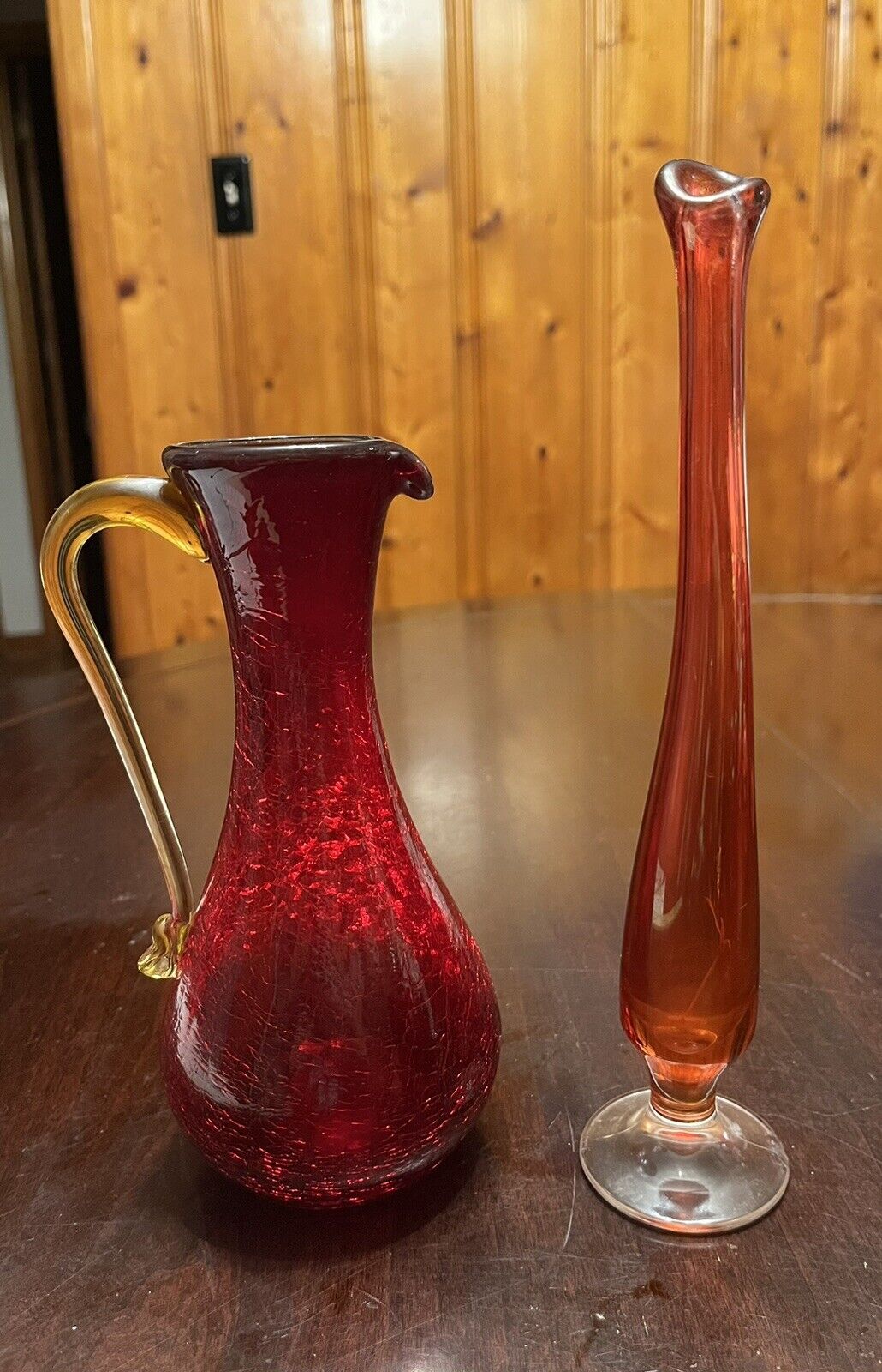 Pilgrim Ruby Red Crackle Glass Vase Cruet With Applied Handle And Red Bud Vase