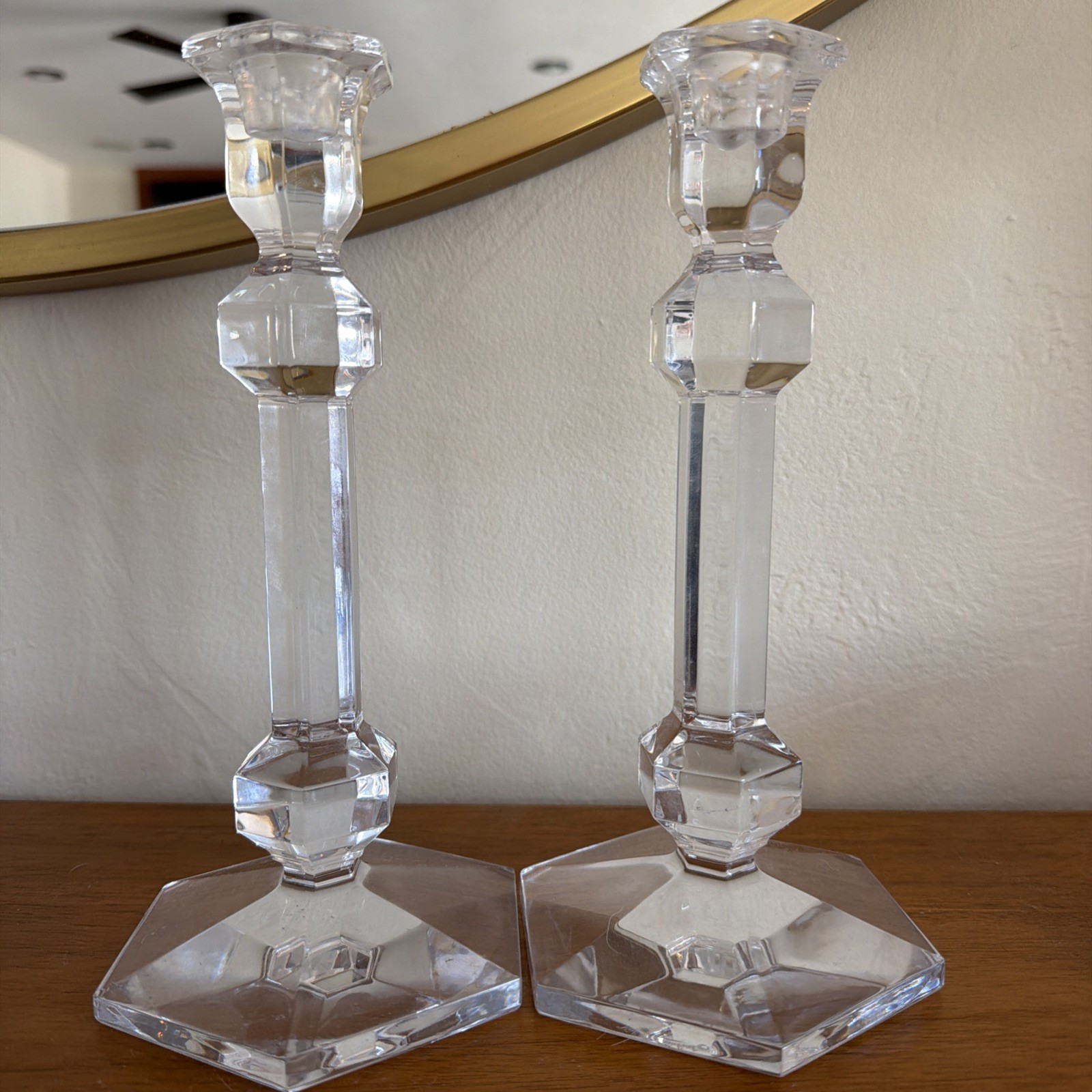 Val St Lambert Gardenia Crystal Candlesticks Pair Vintage Hexagonal Belgian 9.5