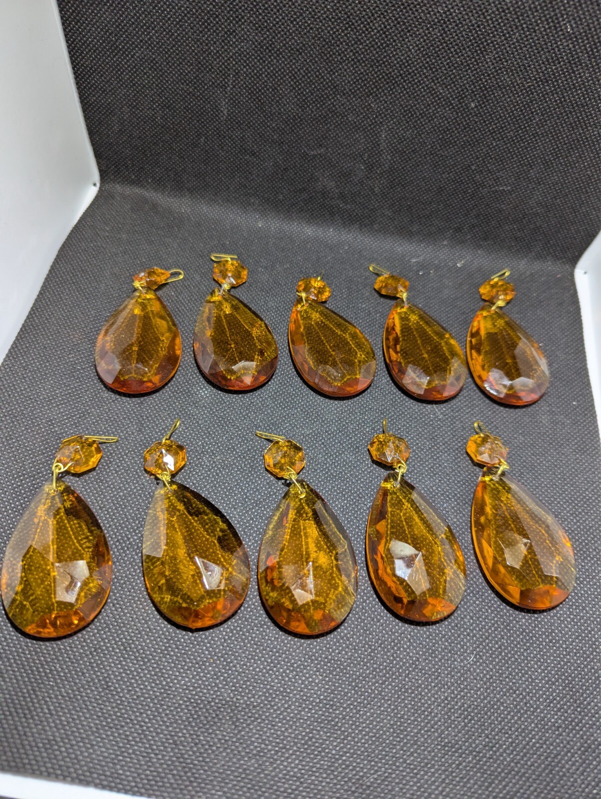 LOT OF 10 NOS VINTAGE ITALY AMBER GOLD CRYSTAL TEARDROP CHANDELIER PRISM PART 2\