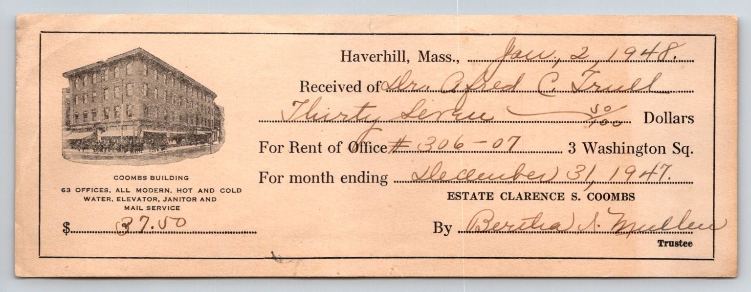 1948 Haverhill Mass Coombs Building Rent Receipt Bertha S. Mueller Estate 1948 Haverhill Mass Coombs Building Rent Receipt Bertha S. Mueller Estate