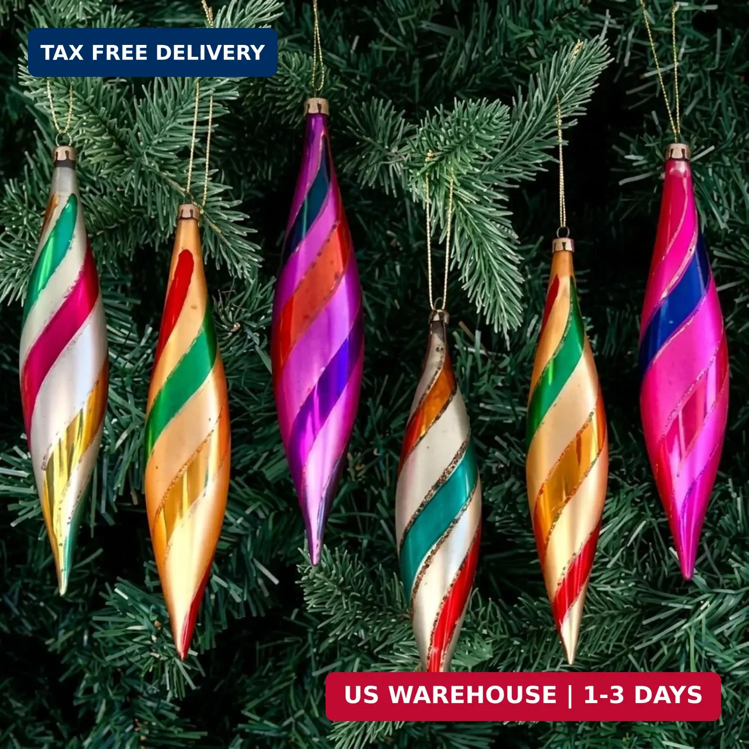 6 Pcs Vintage Glass Finial Christmas Candy-striped Icicle Ornaments 6 Pcs Vintage Glass Finial Christmas Candy-striped Icicle Ornaments