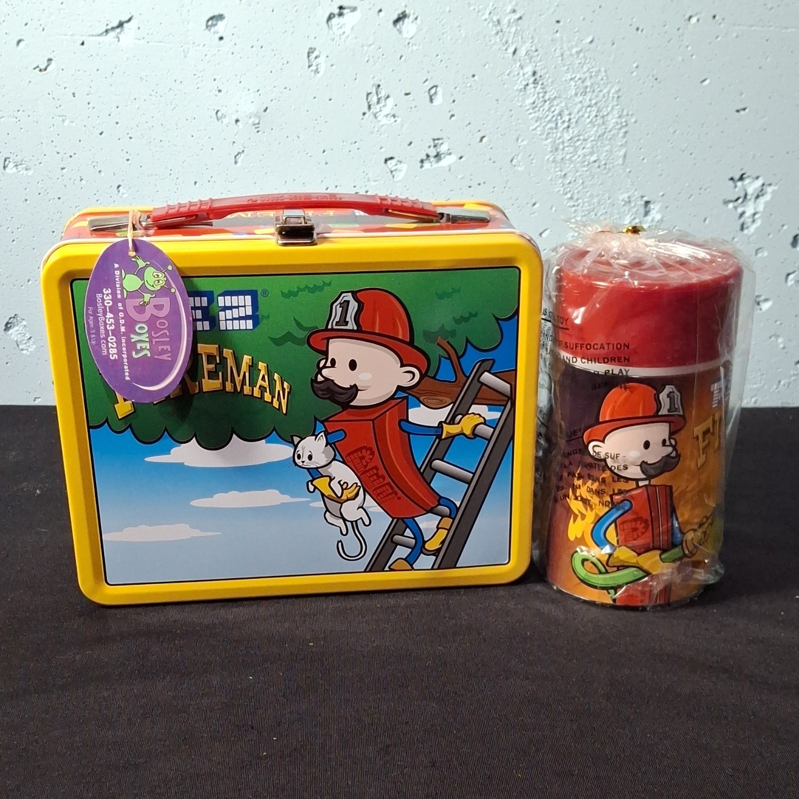NOS 2002 PEZ Fireman Metal Lunchbox Set w/ Thermos & Tags - Bosley Boxes NOS 2002 PEZ Fireman Metal Lunchbox Set w/ Thermos & Tags - Bosley Boxes