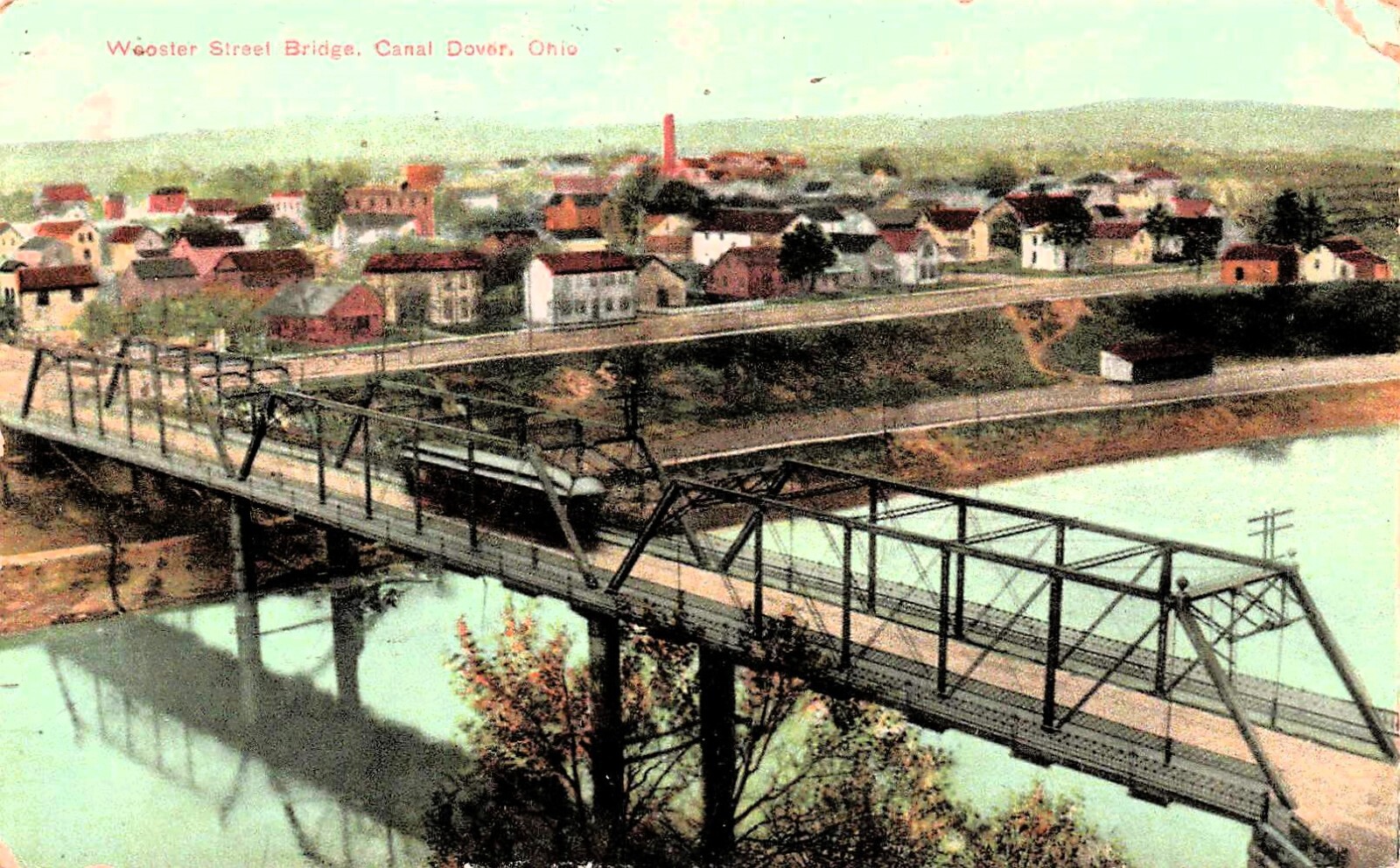 Canal Dover Ohio Wooster Street Ave Bridge Trolley Train Railroad Postcard F13