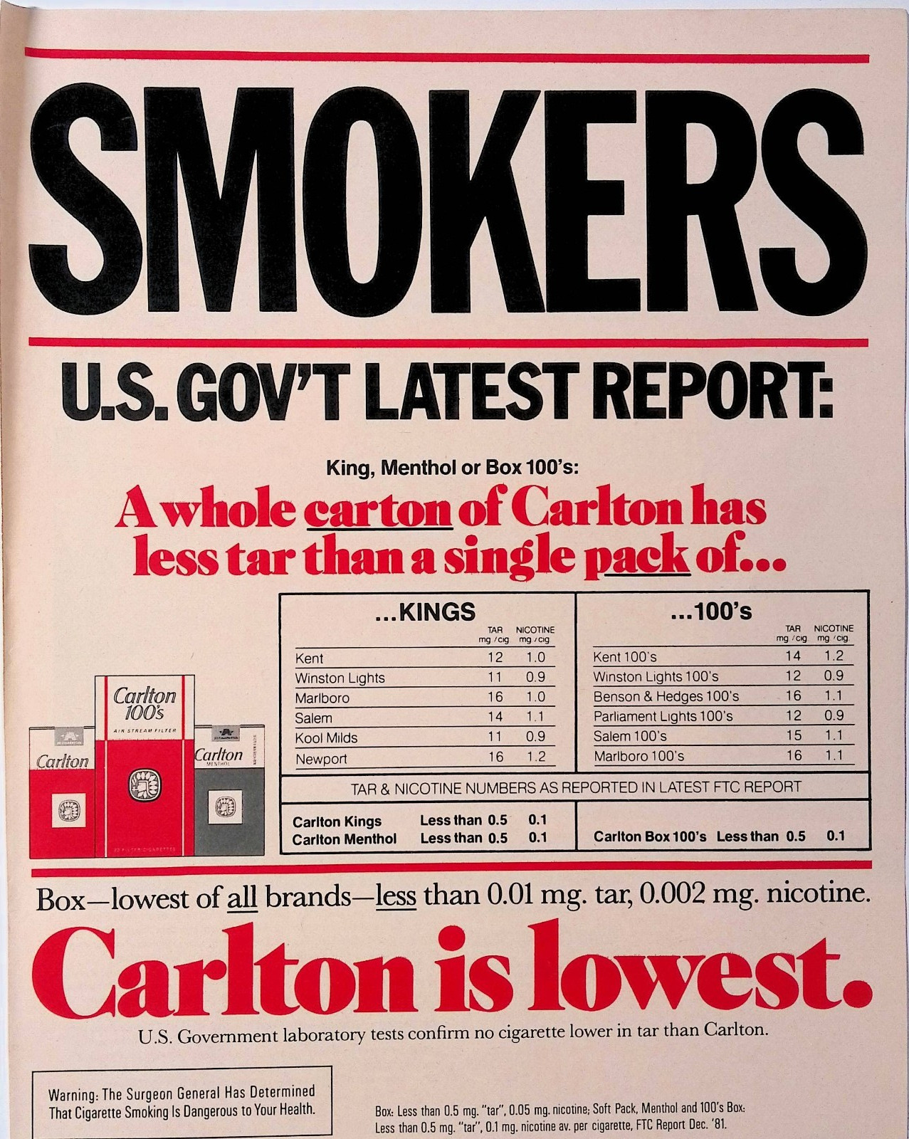 1982 SMOKERS Carlton is Lowest Less Tar Carlton Cigarettes Print Ad Life June 1982 SMOKERS Carlton is Lowest Less Tar Carlton Cigarettes Print Ad Life June