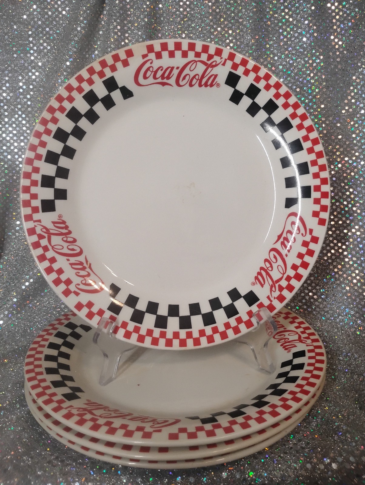 Set Of 4 Gibson Retro Coca-Cola Black/Red Checkered 10 1/2\ Set Of 4 Gibson Retro Coca-Cola Black/Red Checkered 10 1/2\