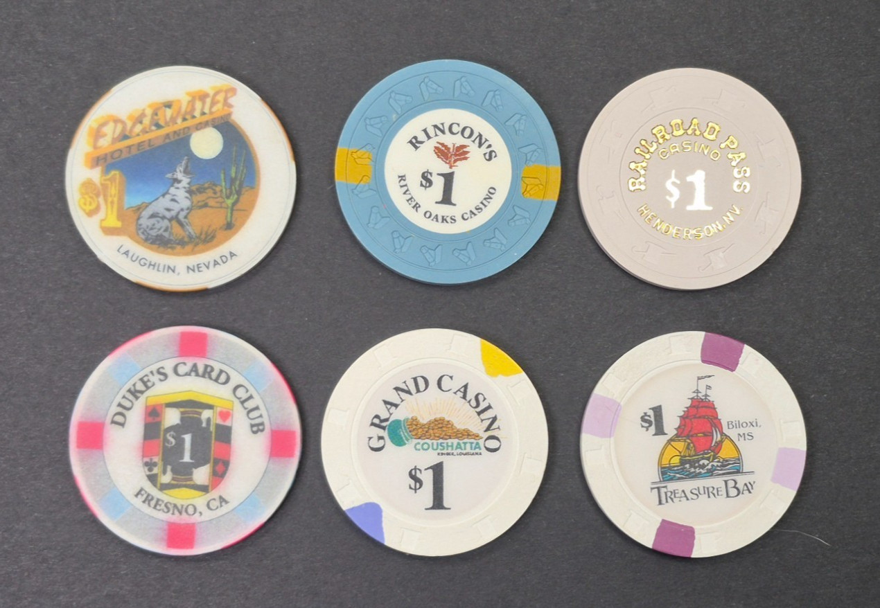 Lot (6) Casino $1 Chips Duke's Edgewater Treasure Bay Grand Casino Rincon's Lot (6) Casino $1 Chips Duke's Edgewater Treasure Bay Grand Casino Rincon's