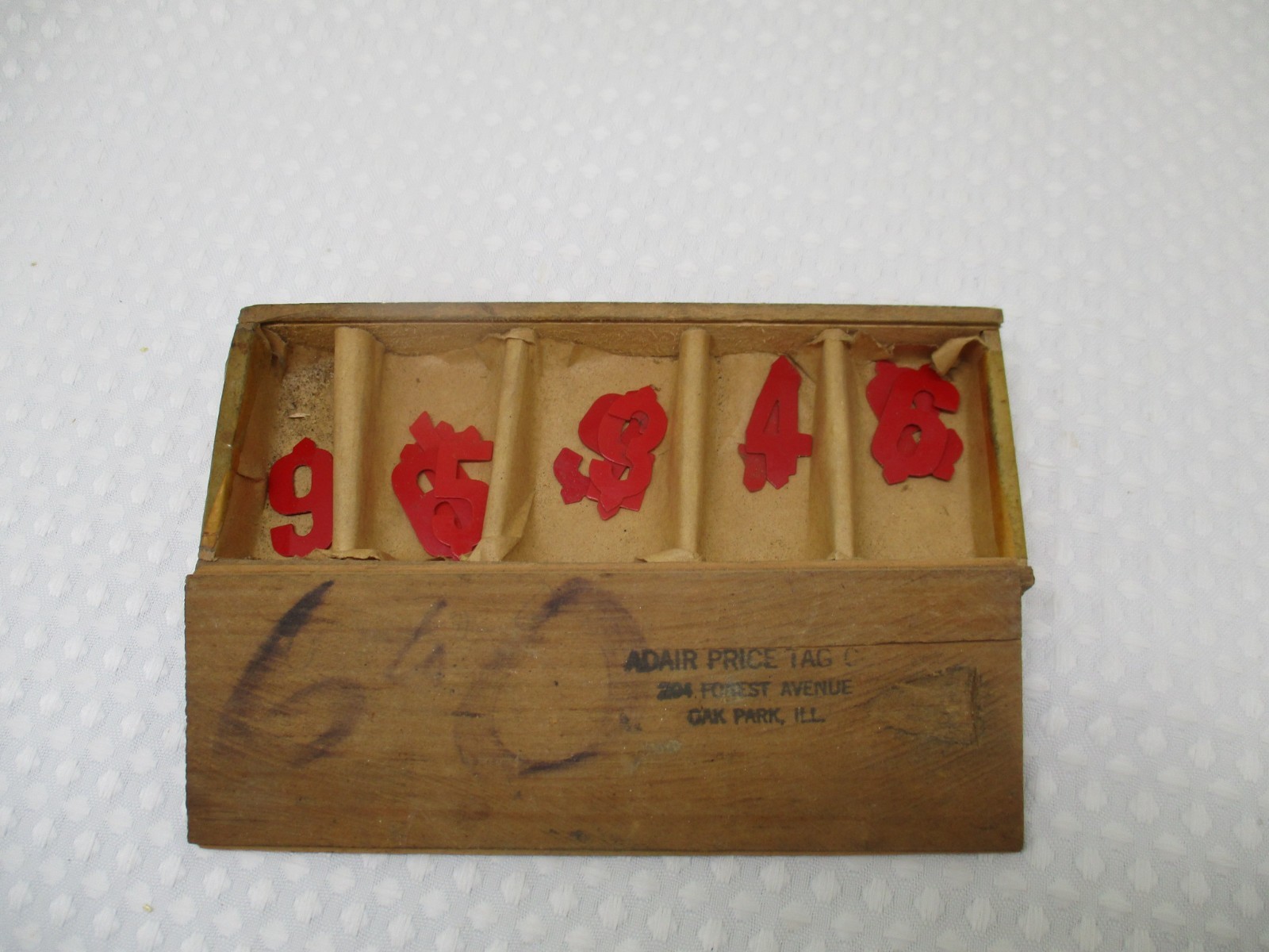 Vintage 1950's? Wooden Box w/12 Red Plastic Price Tags from Adair Price Tag Co.