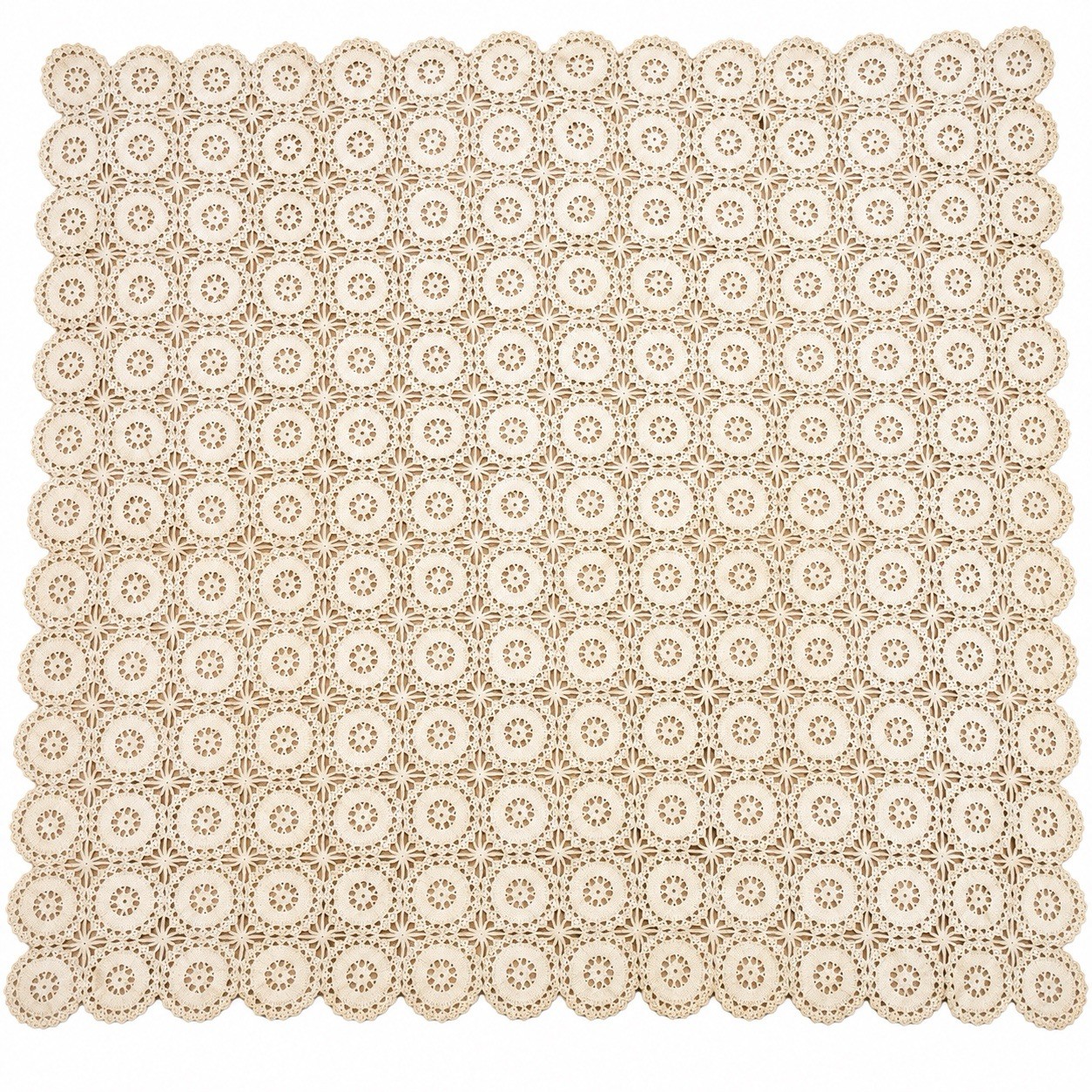 VTG Handmade Crochet Lace Tablecloth 62x62 Ivory Floral Medallion Square Cottage VTG Handmade Crochet Lace Tablecloth 62x62 Ivory Floral Medallion Square Cottage