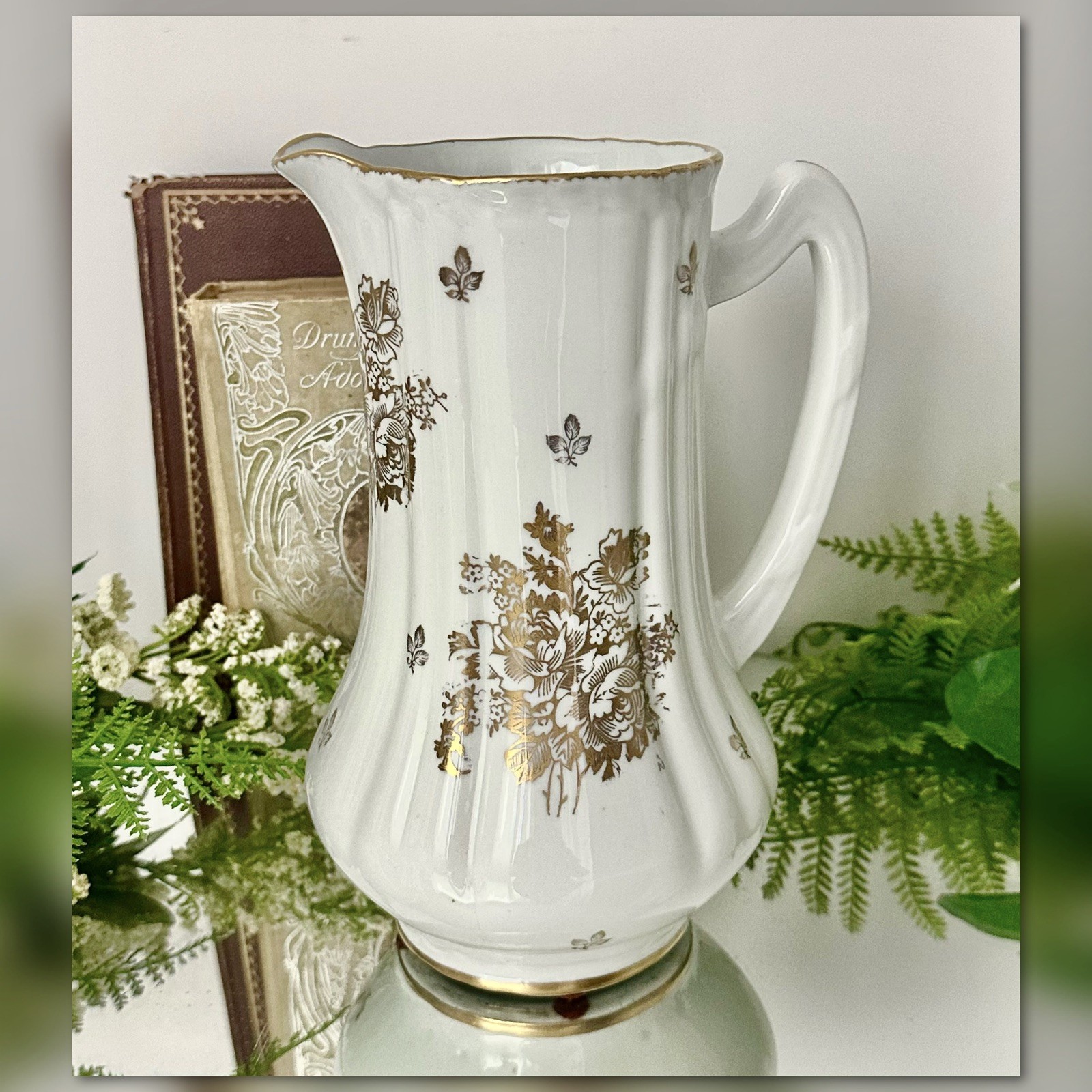 France Hand Painted Porcelain Pitcher Vintage Revol Gold Roses 1950s Floral