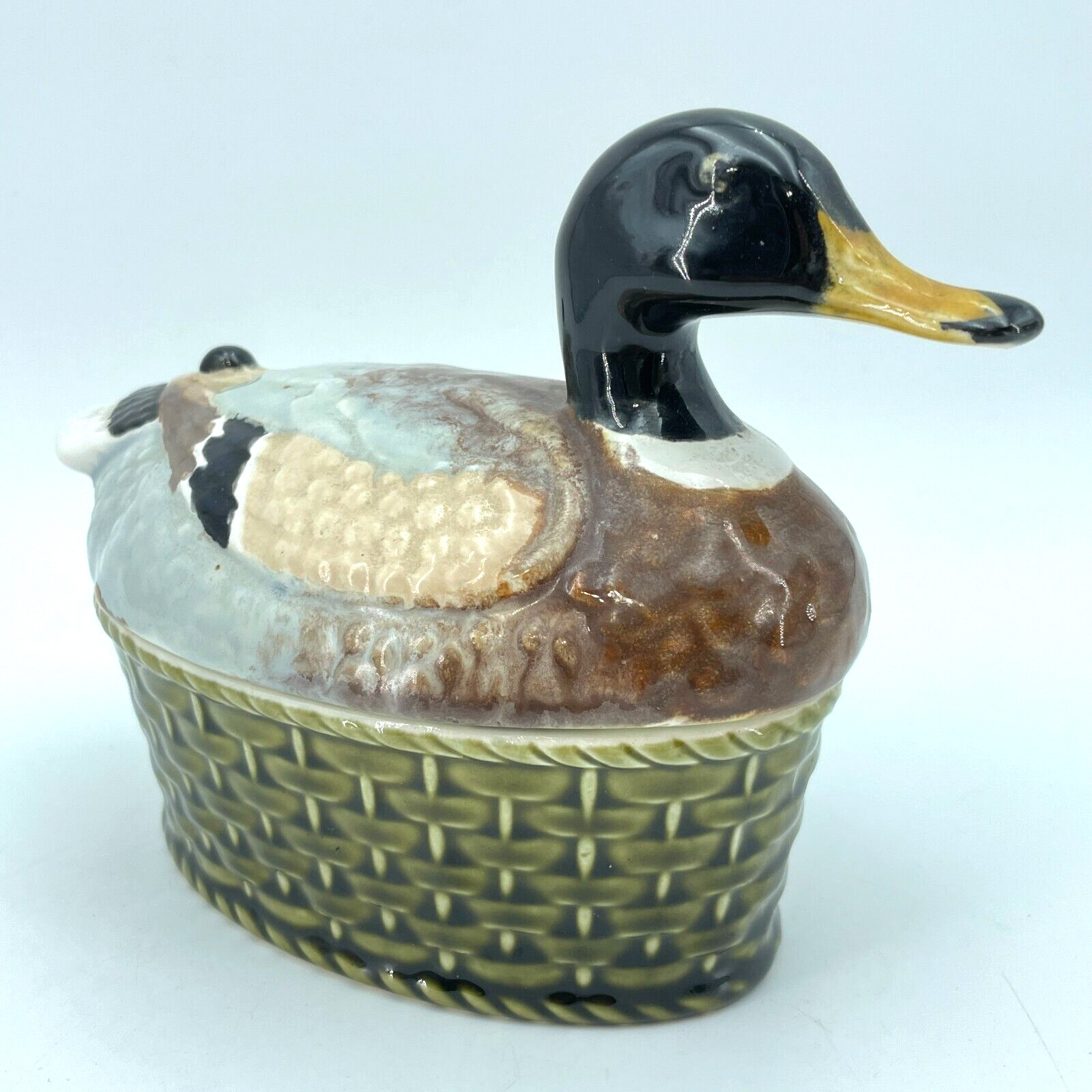 SECLA Portugal Ceramic Duck Trinket Box Mallard Basket Weave Vintage 5.5in