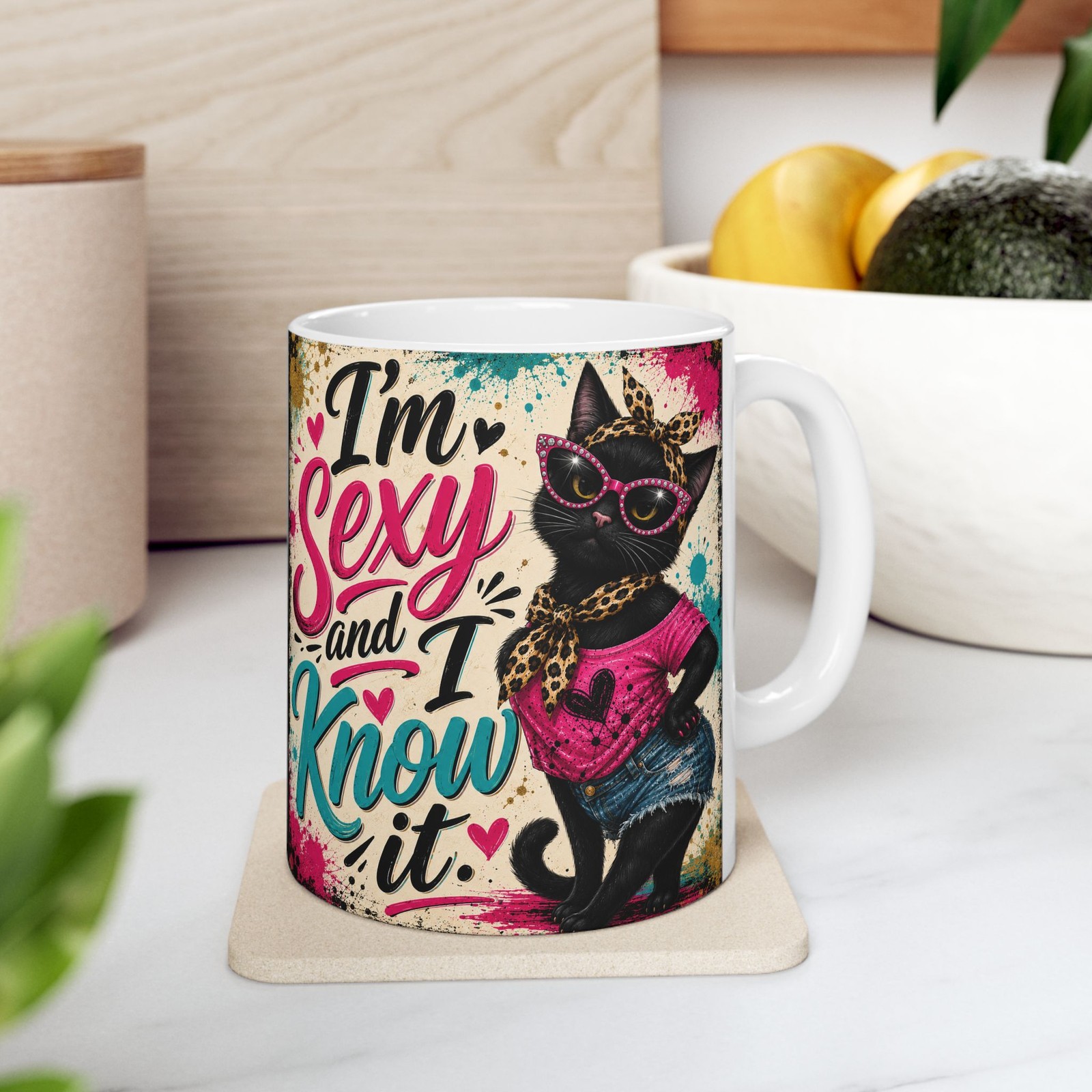 Sexy Sassy Cat Illustration Mug | Ceramic Coffee Cup