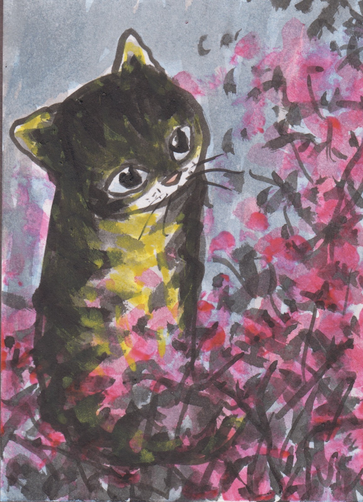LinLi888 Lin Li's Art ACEO Original Mixed Media Painting Cat n Flowers 26091602