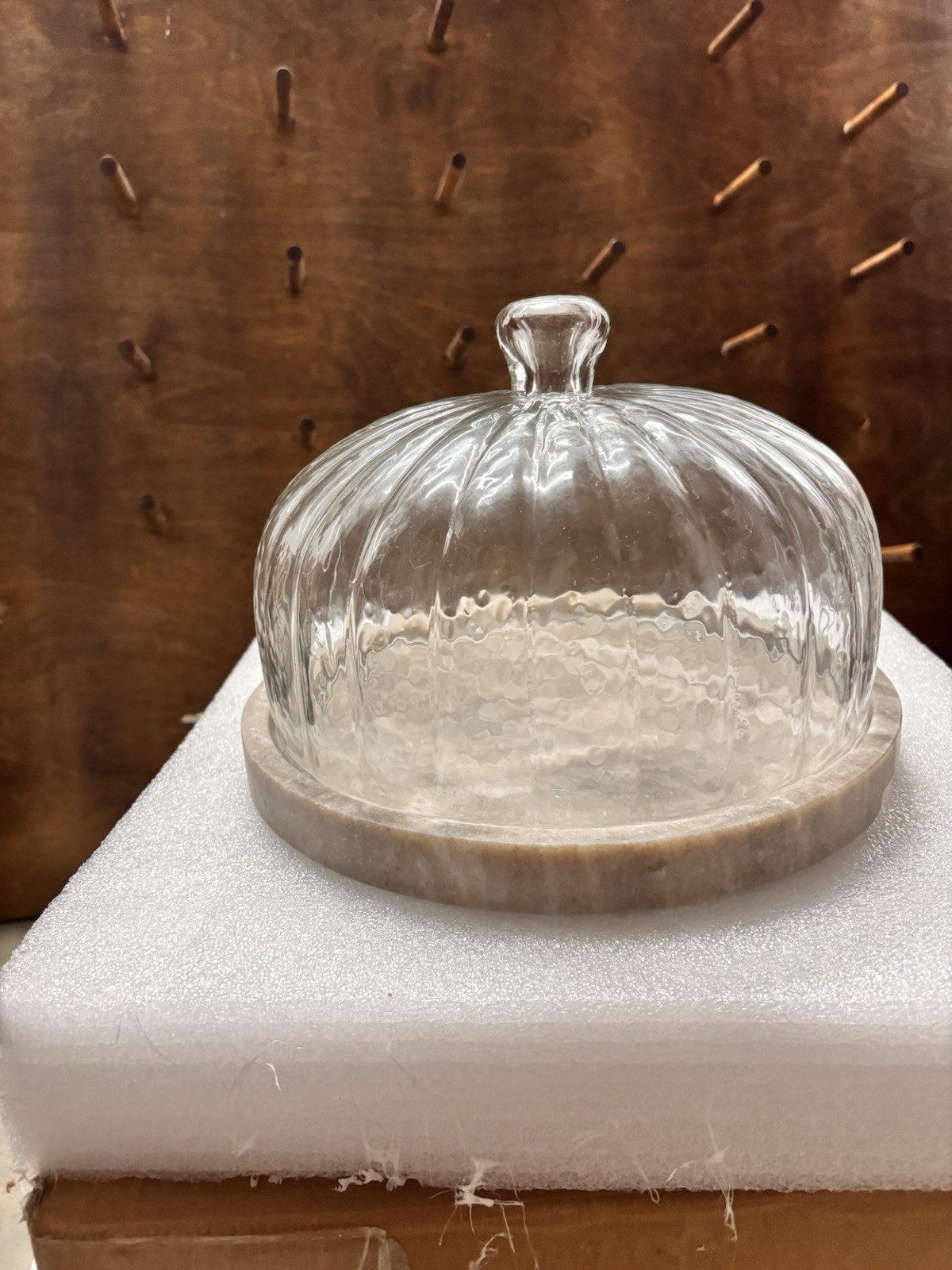 Glass Cloche Dome w/ White Marble Base Kitchen Counter Covered Pedestal Display