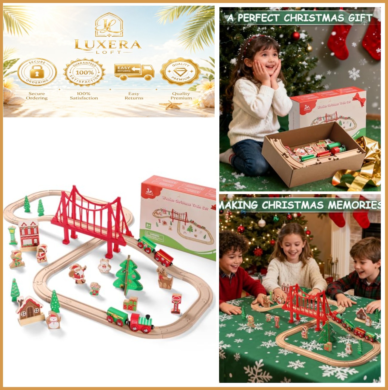 Wooden Train Set 50 Pcs Christmas Holiday Santa Claus Reindeer Snowman Hardwood