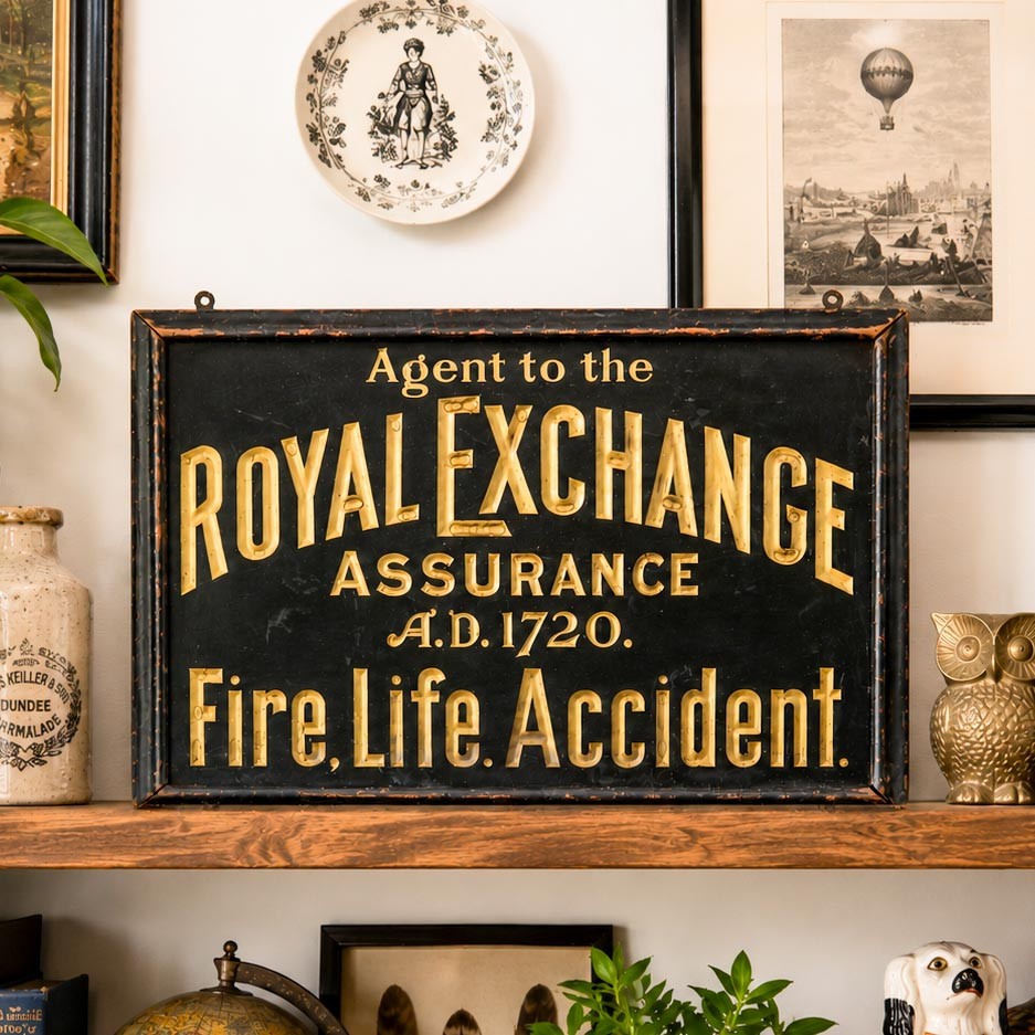 Rare Royal Exchange Assurance Antique Pressed Metal Advertising Sign Wall Decor