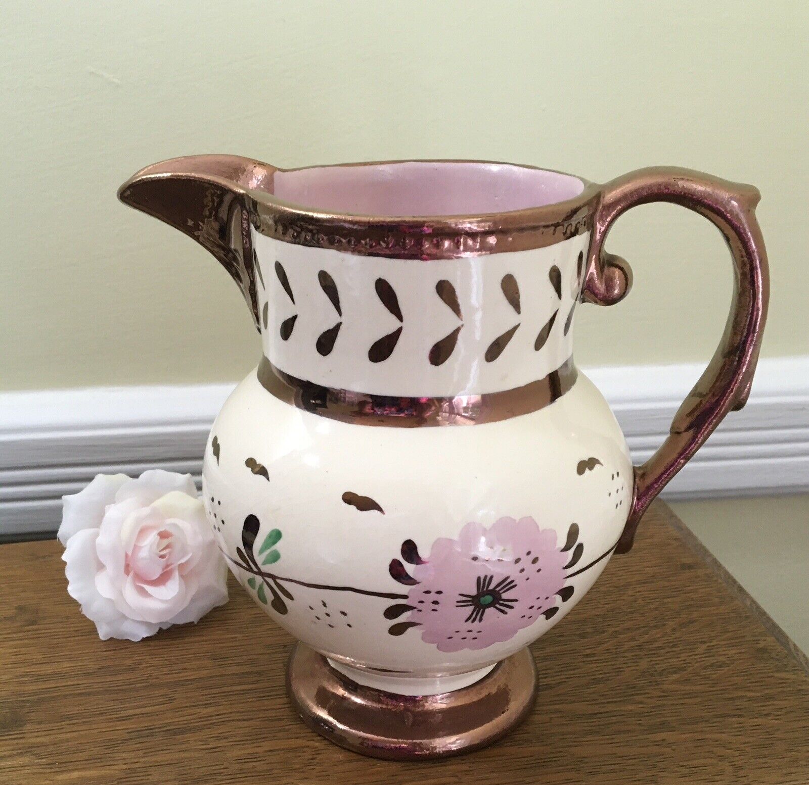 Rare Vintage Cumbow Louis XV Pitcher Handpainted Copper Luster & Pink Flowers