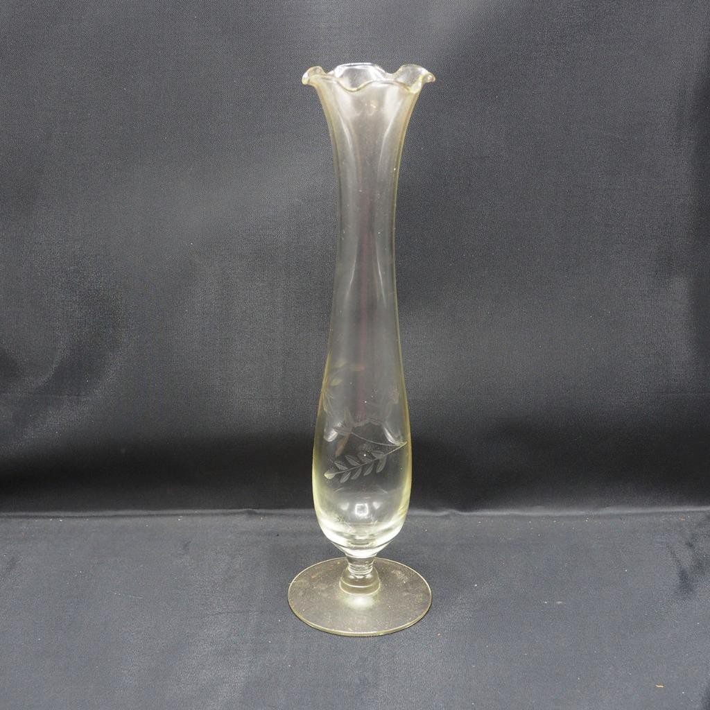 Mid Century Etched Glass Vase Floral Pattern Ruffled Edge Trumpet