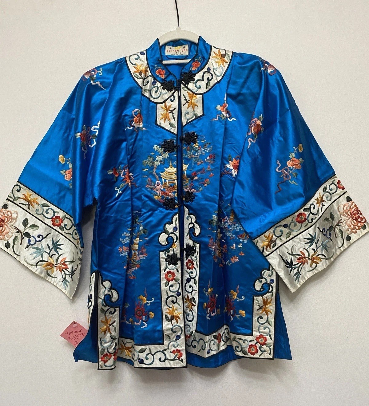 Vintage 50s Golden Bee M Chinese 2 Piece Pagodas Kites Embroidered Suit Set MCM