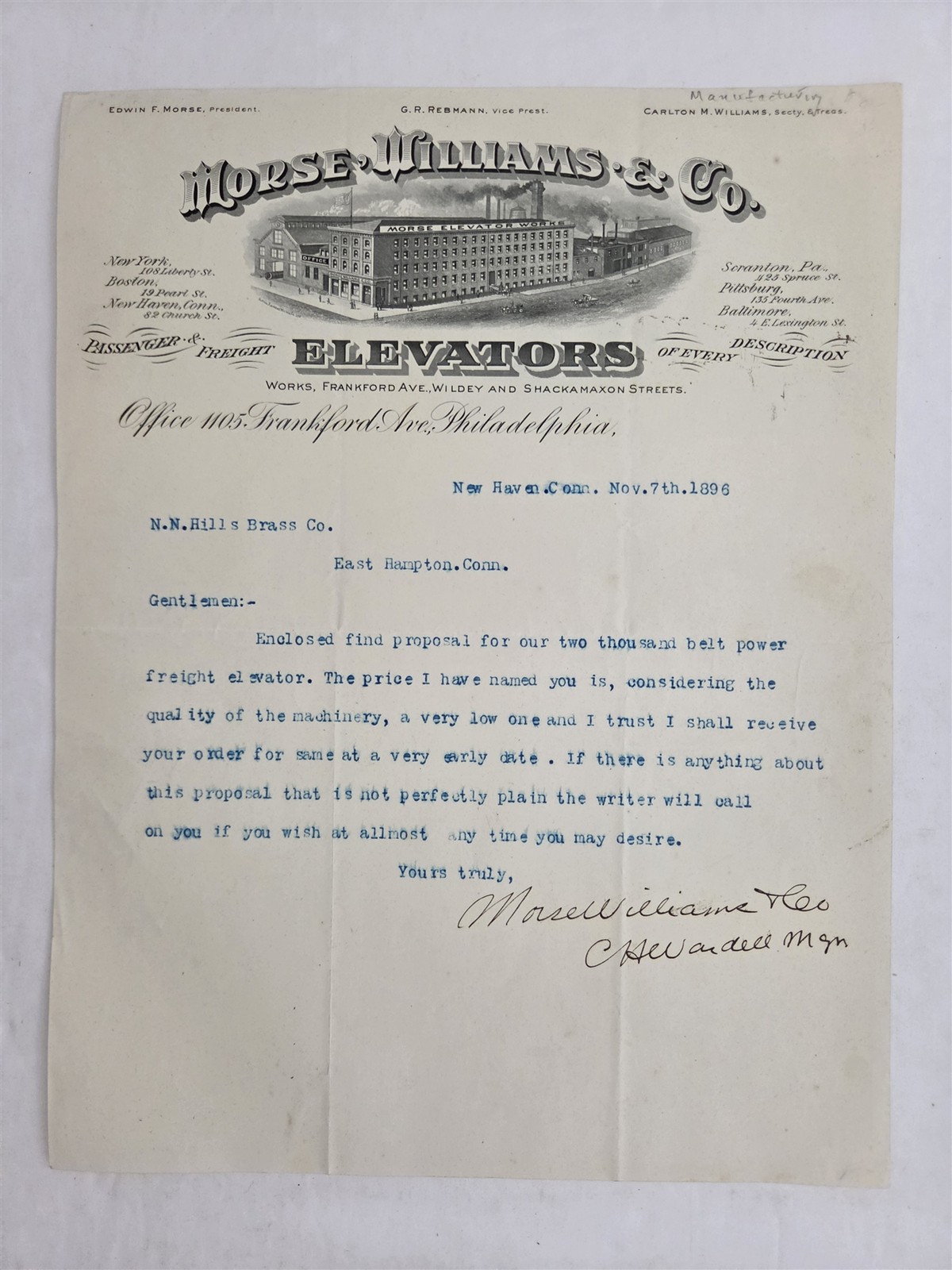 1896 antique MORSE WILLIAMS & CO ELEVATORS phila pa LETTERHEAD New Haven ct