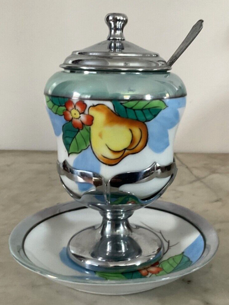 VINTAGE FARBER BROS JAM JELLY JAR W/UNDER PLATE LID & SPOON, Japan - read VINTAGE FARBER BROS JAM JELLY JAR W/UNDER PLATE LID & SPOON, Japan - read