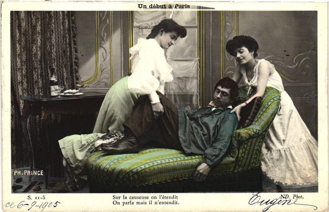 1905 Paris Risque Postcard Un Début à Paris ND Phot. Hand Tinted Funny 1905 Paris Risque Postcard Un Début à Paris ND Phot. Hand Tinted Funny