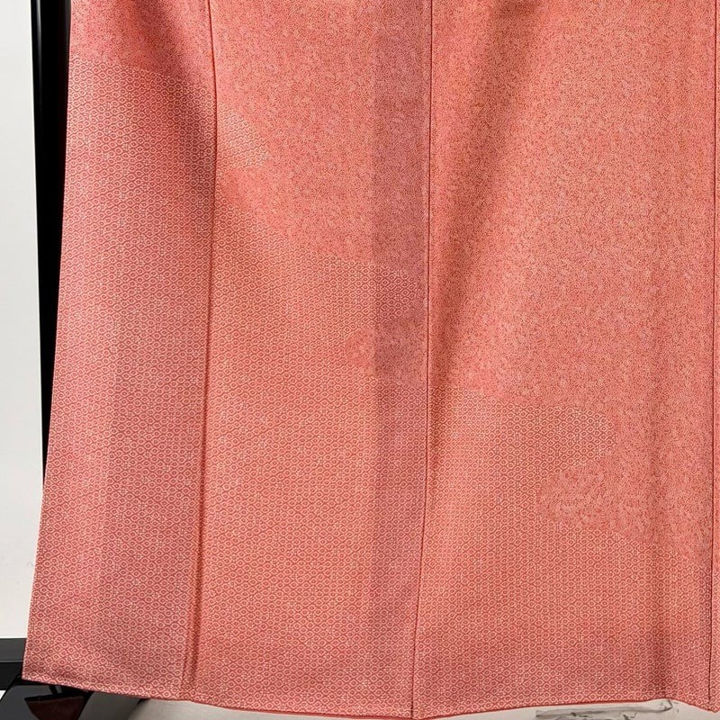 Japanese Silk Kimono M 161.5cm Yujiro Nakamura Salmon Pink Flowers Leaves