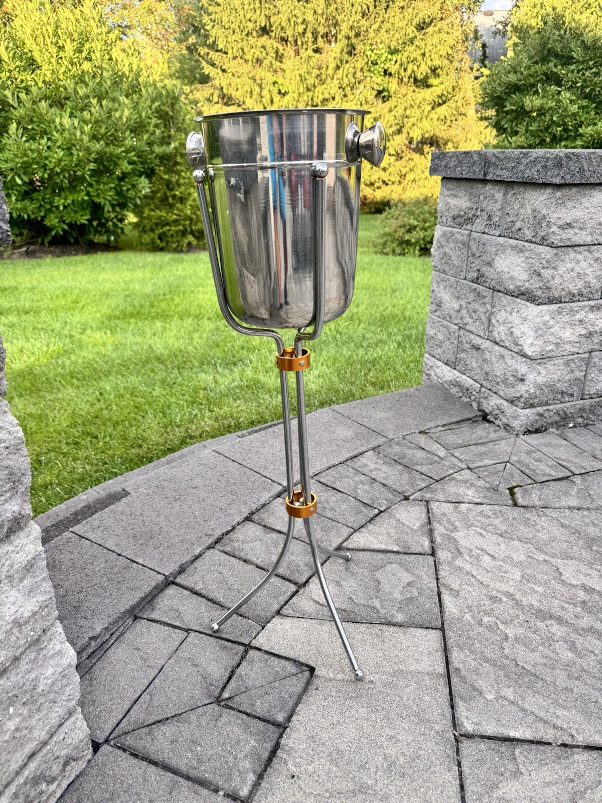 VTG MCM Hollywood Regency Chrome stainless Ice Bucket on Stand  32” Tall