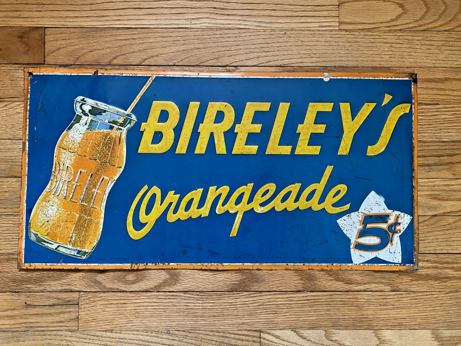VERY EARLY BIRELEY'S 5 CENTS TIN SODA SIGN - MEASURES 24