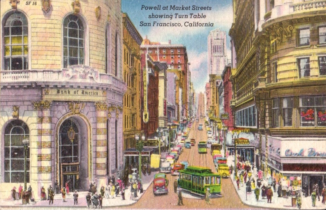 Powell at Market Streets showing Turn Table Street Car c1930s Postcard