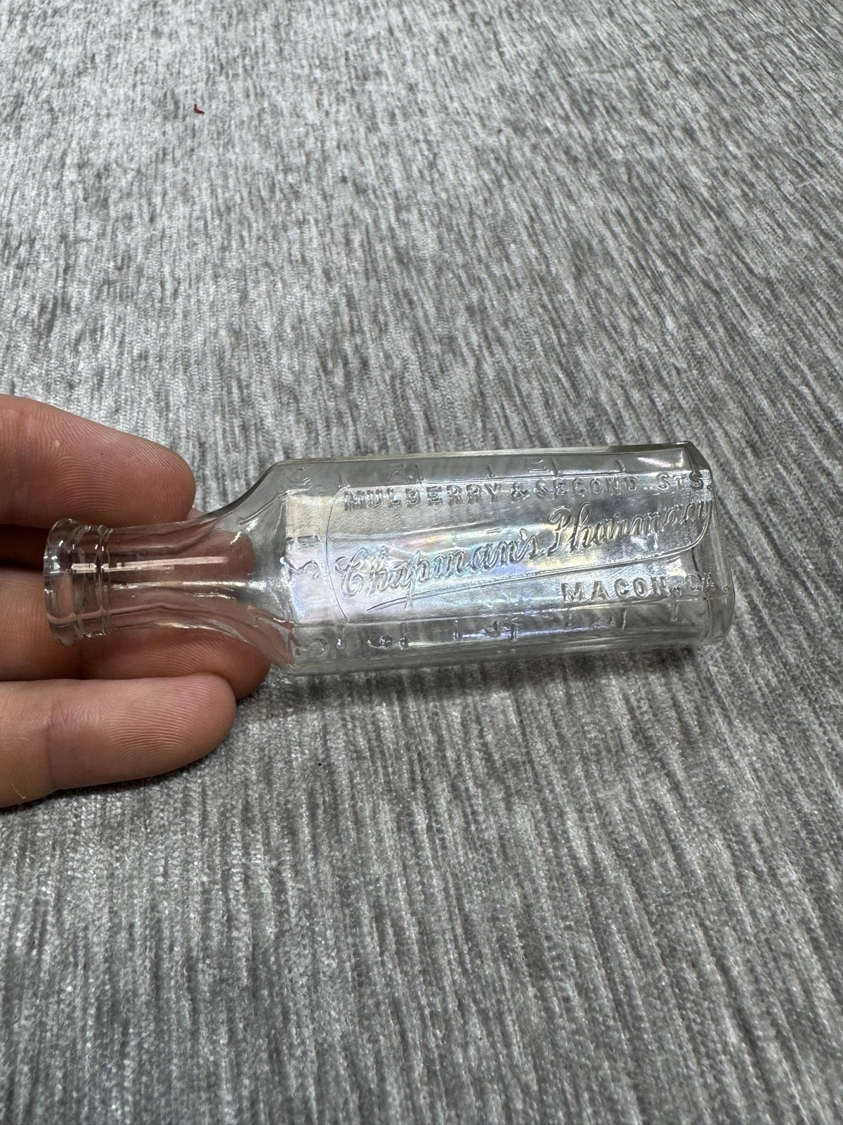 Vintage Chapman\'s Pharmacy Clear Glass Medicine Bottle Embossed Macon GA Georgia