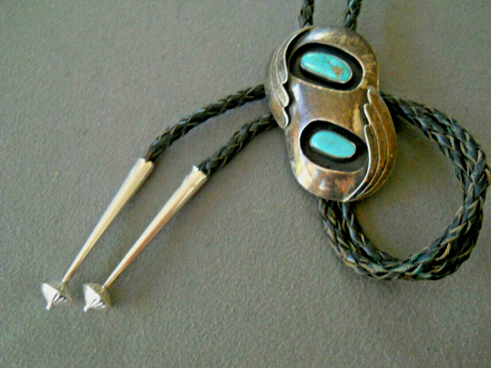OLD Native America Navajo Blue Turquoise Sterling Silver Shadowbox Bolo Tie C-31 OLD Native America Navajo Blue Turquoise Sterling Silver Shadowbox Bolo Tie C-31