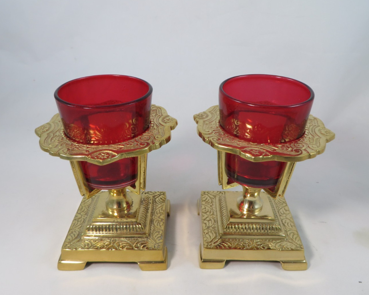 NEW Lot of 2 Sudbury Brass Pair Chapel Votive Candle Holder Red Glass 288 Church